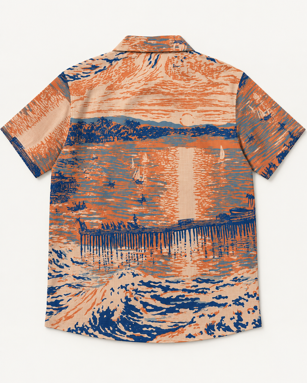 Back of the Last Light at Stearns shirt with an orange and blue sunset reflected across water.