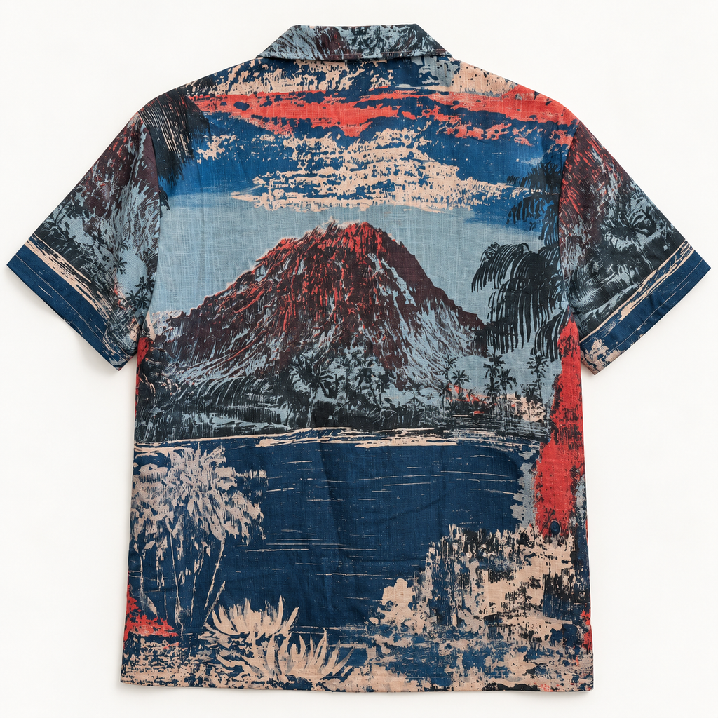 Back of The Mountain at Closing shirt with a mountain, palms and water in navy, cream and coral.