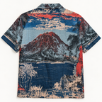 Back of The Mountain at Closing shirt with a mountain, palms and water in navy, cream and coral.