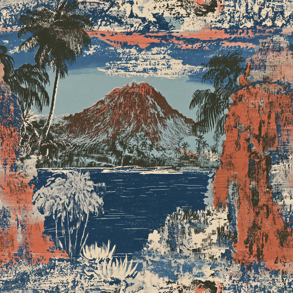 Close-up of The Mountain at Closing print showing a mountain across blue water framed by palm trees.