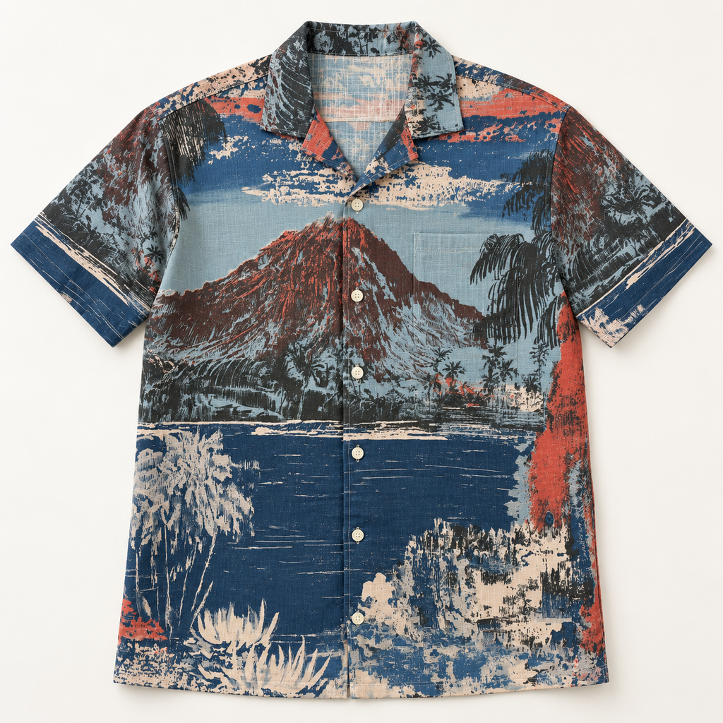Front of The Mountain at Closing short-sleeve shirt with a mountain, palms and water in navy, cream and coral.