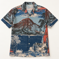 Front of The Mountain at Closing short-sleeve shirt with a mountain, palms and water in navy, cream and coral.